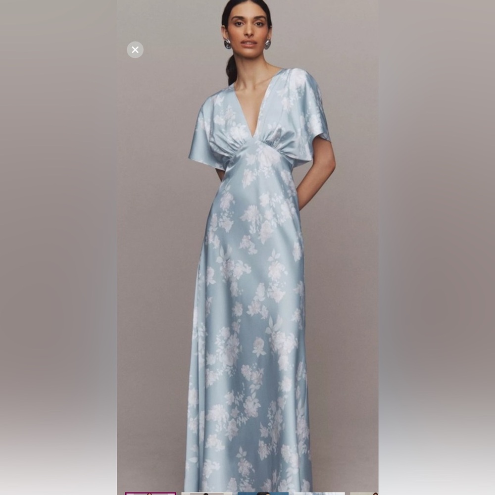 BHLDN Leila Blue Floral Maxi Dress 4 Deep V Flutter Sleeve Bridal Guest Shower - Picture 2 of 16